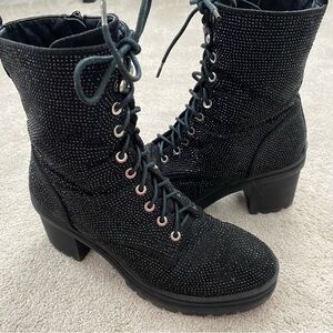 Madden Girl G Sauce Boots Black Rhinestone Chunky Heel Side Zip 8